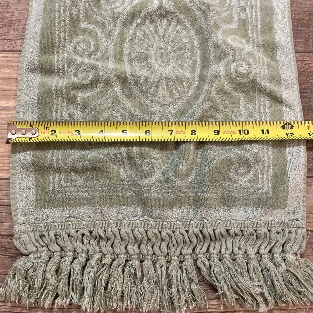 Carrara Italy Sage Green Damask Hand Towels Set (2) Cotton Viscose Fringed 12x18